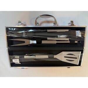 Stainless Steel BBQ Grill Tools Set in Red Aluminum Carry Case – 3 Piece